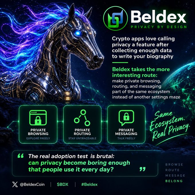 A promotional advertisement for Beldex cryptocurrency featuring a robotic horse with neon mane, promoting private browsing, messaging and routing with the tagline 'Same Ecosystem. Real Privacy.' and ticker $BDX.