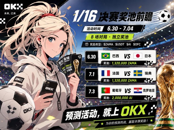 The image is a promotional graphic from OKX advertising their "1/16 finals" prediction event running from 6.30 to 7.04, featuring an anime-style character holding a phone alongside a soccer ball and World Cup trophy. It highlights three featured matches with their prize pools: Brazil vs. Japan (1,320,000 ZAMA), France vs. Sweden (1,320,000 ZAMA), and Portugal vs. Croatia (2,000,000 AI), with rewards available in tokens like ZAMA, USDT, AI, and OFC.