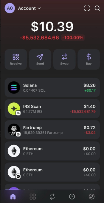 Crypto wallet interface showing a total balance of $10.39 with a -100% loss of -$5,532,684.66, displaying holdings including Solana, IRS Scan, and Fartrump tokens.