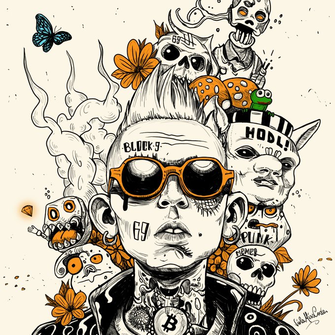 An illustration of a punk-styled figure with orange sunglasses and tattoos, surrounded by skulls, flowers, a frog, and text reading 'BLOCK 9', '69', 'HODL!', 'PUNK', and 'MEMBER'.