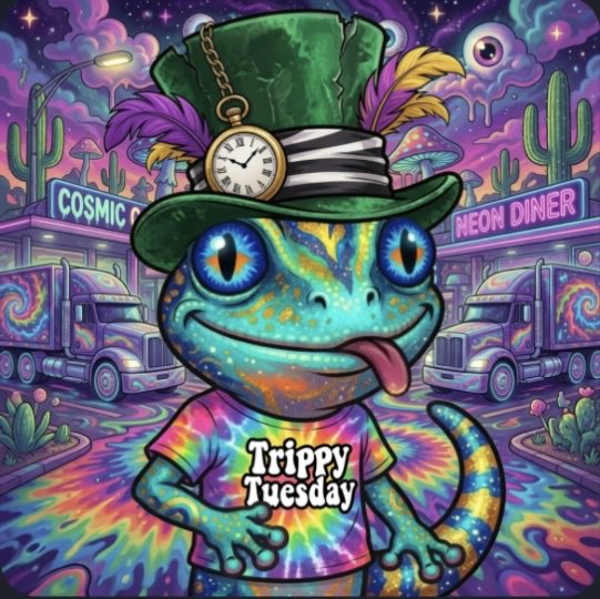 A psychedelic digital illustration of a blue-green chameleon wearing a green top hat with a pocket watch, in front of neon signs reading 'COSMIC' and 'NEON DINER', wearing a tie-dye shirt that says 'Trippy Tuesday'.