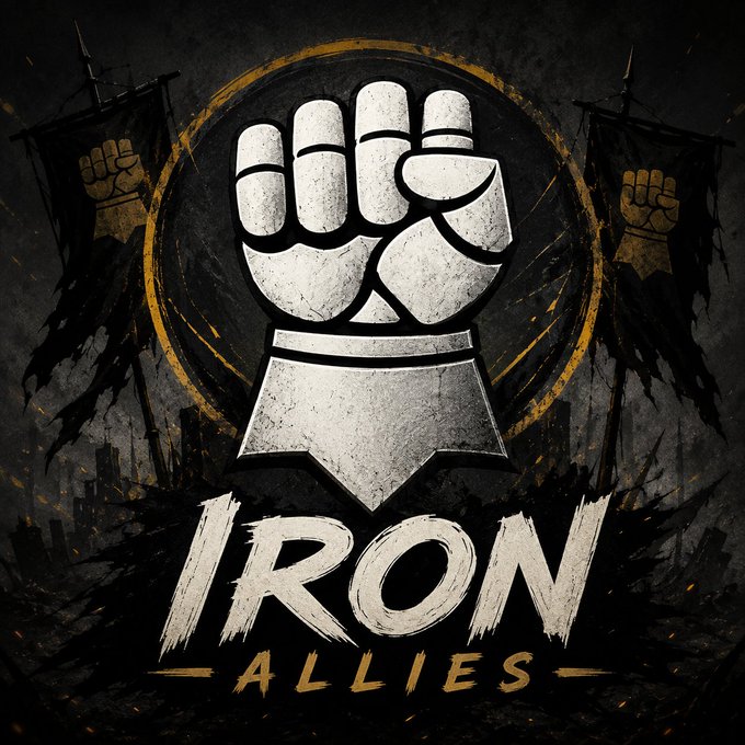 A gritty logo for 'IRON ALLIES' featuring a white armored fist rising from a V-shaped banner, with tattered flags in the background.