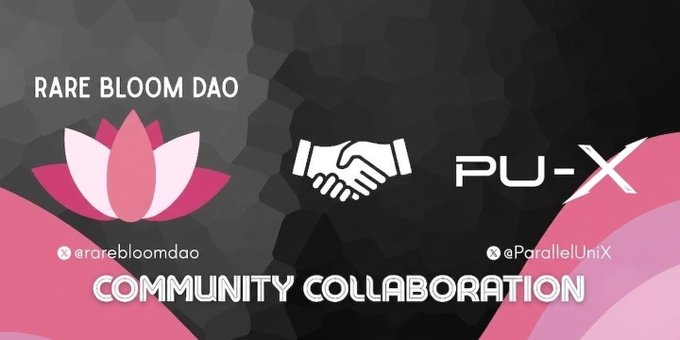 A promotional graphic announcing a community collaboration between Rare Bloom DAO and ParallelUniX, featuring a handshake icon between the two logos and the Twitter handles @rarebloomdao and @ParallelUniX, with "COMMUNITY COLLABORATION" displayed prominently at the bottom.