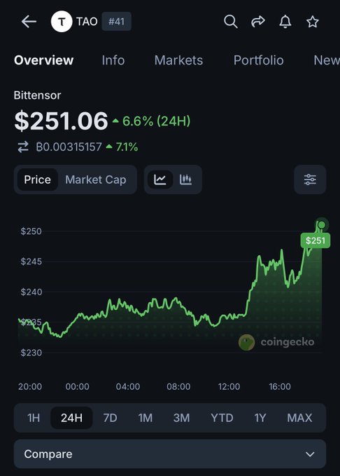 The image shows a CoinGecko price chart for Bittensor (TAO) ranked #41, currently trading at **$251.06**, up **6.6%** in the last 24 hours with a corresponding 7.1% rise to ₿0.00315157 against Bitcoin. The 24-hour chart illustrates TAO breaking above the $240 resistance level and climbing toward a new high of $251, visually confirming the post's claim that the token is "going for another round" after surpassing resistance.