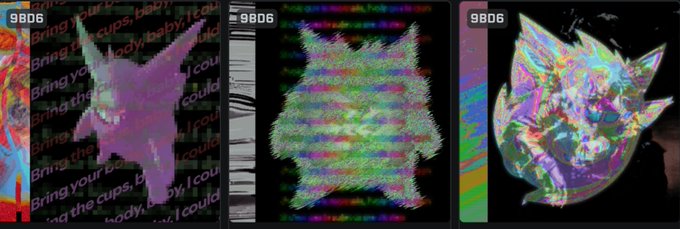 Three glitch art panels labeled "SBD6" featuring distorted, colorful psychedelic images of a Gengar-like creature overlaid with text fragments such as "Bring your, body, baby".