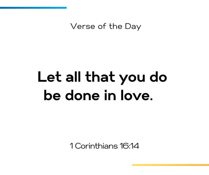 A 'Verse of the Day' graphic displays the quote 'Let all that you do be done in love.' cited as 1 Corinthians 16:14.