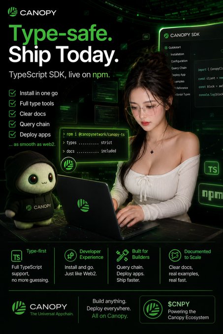 Promotional graphic for 'Canopy' advertising their Type-safe TypeScript SDK, featuring a green-themed design with a woman at a laptop and features like 'Install in one go', 'Full type tools', and 'Query chain'.