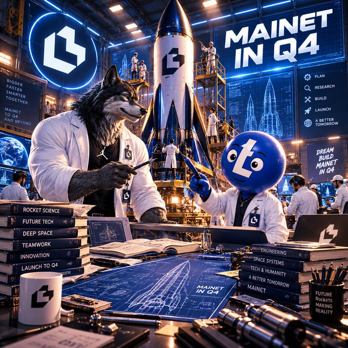 A promotional image featuring a wolf scientist and a blue robot character in lab coats working on a rocket, with 'MAINET IN Q4' text and book titles like 'Rocket Science' and 'Future Tech' visible in the scene.