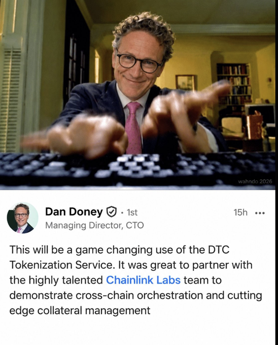 A LinkedIn-style post by Dan Doney (Managing Director, CTO) featuring a photo of him pointing at the camera, discussing a game-changing use of the DTC Tokenization Service and a partnership with Chainlink Labs.