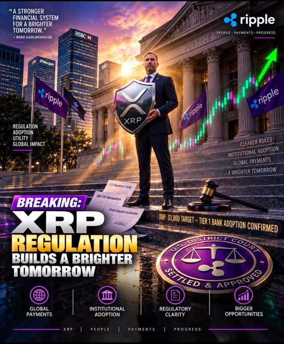 A promotional graphic features Brad Garlinghouse holding an XRP shield in front of a courthouse, with text including 'XRP REGULATION BUILDS A BRIGHTER TOMORROW', 'ripple', and '$1,000 TARGET'.
