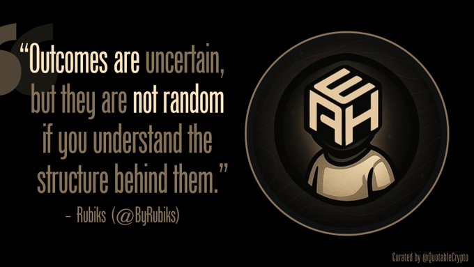 A quote graphic on a black background featuring a circular avatar with a 3D cube logo over a figure's head, accompanied by the text 'Outcomes are uncertain, but they are not random if you understand the structure behind them.' attributed to 'Rubiks (@BgRubiks)', with 'Curated by @QuoteableCrypto' in the corner.