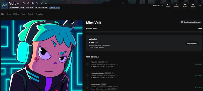 A screenshot of a webpage for 'Mint Volt' on a website with 'Volt' in the top left, featuring an illustration of a teal-haired character wearing headphones.