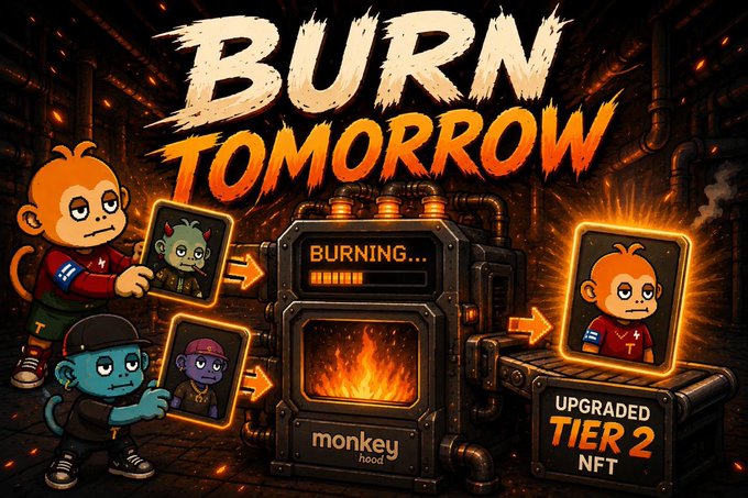 The image is a promotional graphic for "Burn Tomorrow," featuring cartoon monkeys and showing a "BURNING..." process labeled "monkey hood" that transforms NFT cards into an "UPGRADED TIER 2 NFT," visually illustrating the V1-to-Tier 2 upgrade burn mechanism described in the post.