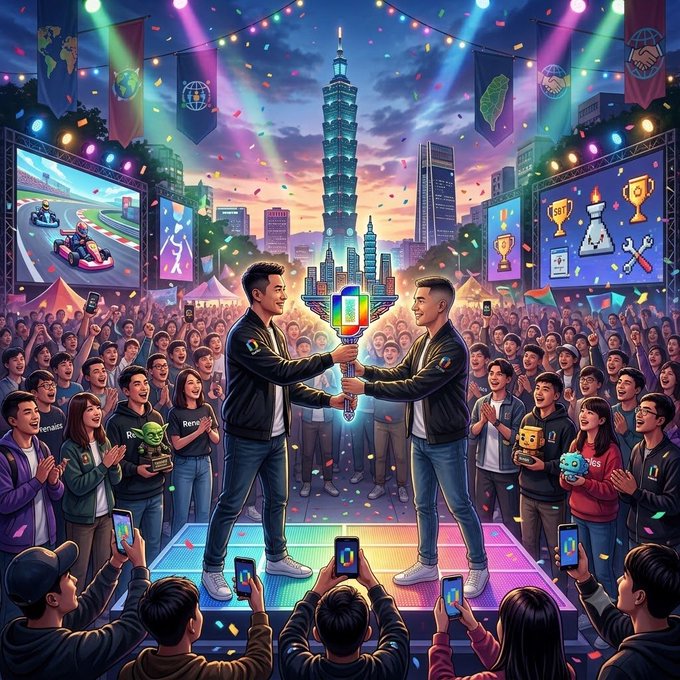 Two men exchange a glowing trophy on a vibrant stage in front of a cheering crowd at a celebration in Taipei, with screens displaying race cars and awards in the background, accompanying a post praising Jiangzuo as the most dedicated ambassador in the Taiwan region for his role in helping others enter TCG through his connections in chain gaming, content creation, and WEB3.0.