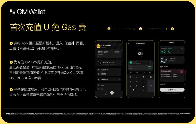 An instructional screen for 'GM Wallet' showing three steps for a first-time top-up to waive Gas fees, with Chinese text and screenshots of the wallet interface.