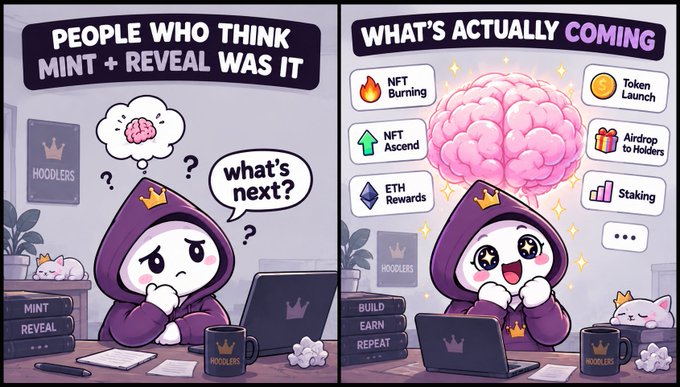 A side-by-side meme contrasts a worried hooded figure thinking "What's next?" after MINT + REVEAL with an excited version surrounded by upcoming roadmap features including NFT Burning, NFT Ascend, ETH Rewards, Token Launch, Airdrop to Holders, and Staking, aligning with the post's teaser of future "HoldToEarn" developments for #Hoodlers.