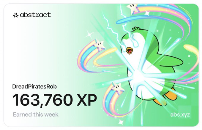 An Abstract XP earnings card for user DreadPiratesRob showing 163,760 XP earned this week, featuring a cartoon duck mascot emitting rainbow energy beams.