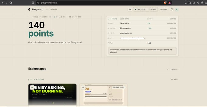 Screenshot of a Playgrounds app dashboard showing 140 points across three linked accounts (0xA1r_rESC +20, @Picture88 +120, stephen854 +0), with congratulations message for $A1r_rESC and @Picture88.