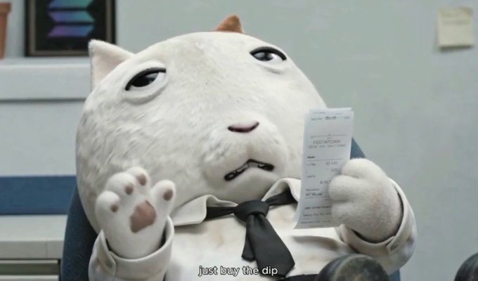 An anthropomorphic white cat wearing a tie holds up a Footlocker receipt with a pained expression, with the caption "just buy the dip" appearing below. The image humorously reflects the post's theme of coping with market downturns, using the cat's grimace to convey the frustration of seeing negative returns despite everyday spending.