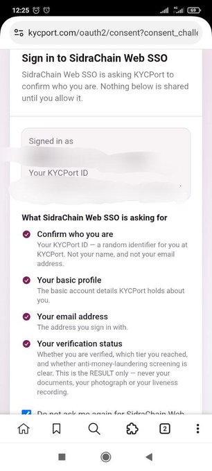 A mobile browser screenshot of a KYCPort OAuth2 consent page for SidraChain Web SSO, requesting permission to confirm identity, access basic profile and email, and view verification status.