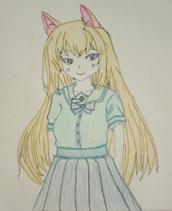 A hand-drawn colored pencil illustration of an anime-style girl with long blonde hair, pink cat ears, a school uniform with a blue bow, and a playful smile.