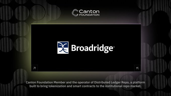 A graphic displaying the Broadridge logo alongside the Canton Foundation branding, identifying Broadridge as a member and operator of Distributed Ledger Repo—the platform Canton Network's Canton Foundation Member uses to bring tokenization and smart contracts to the institutional repo market.