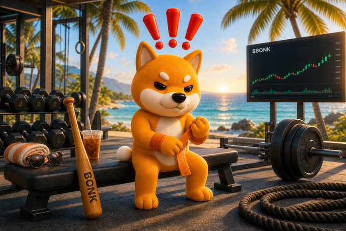 A 3D-rendered Shiba Inu dog character sitting on a gym bench in a tropical setting, wrapping its hands with an athletic tape, surrounded by gym equipment including a bat labeled 'BONK' and a screen showing a '$BONK' stock chart.