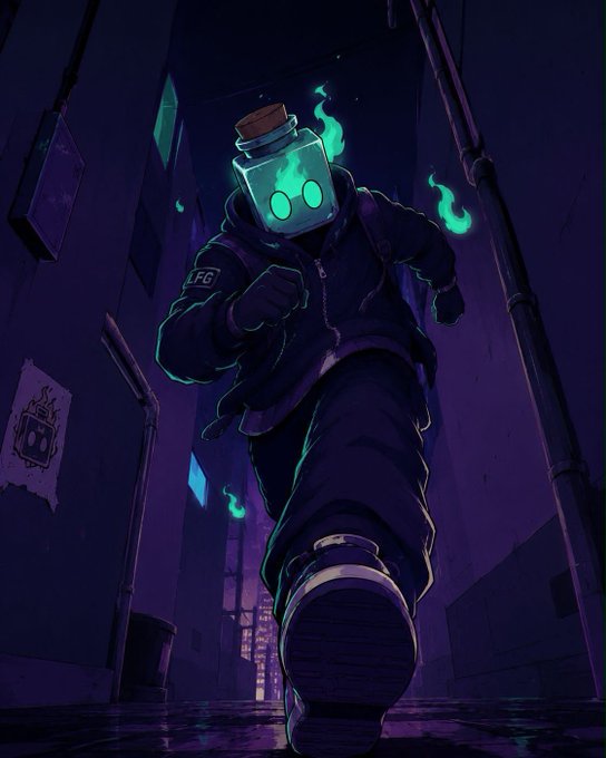 Digital illustration of a figure in a dark hoodie with a glowing green, fire-surrounded bottle for a head, running through a dark alleyway.