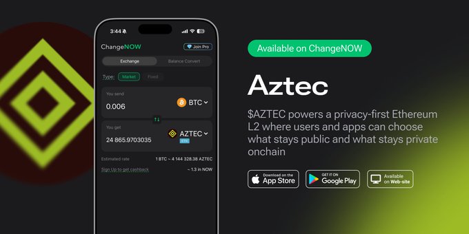 Promotional graphic for Aztec (AZTEC) cryptocurrency, stating '$AZTEC powers a privacy-first Ethereum L2 where users and apps can choose what stays public and what stays private onchain,' available on ChangeNOW with App Store, Google Play, and Web-site options.