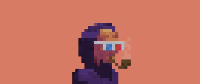 A pixel art profile of a character with a long nose wearing red and blue 3D glasses and smoking a cigarette against a salmon-colored background.
