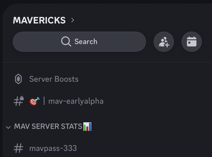 A Discord server interface labeled 'MAVERICKS' showing a search bar, icons for adding members and calendar, and channels including 'Server Boosts', 'mav-earlyalpha', 'MAV SERVER STATS', and 'mavpass-333'.