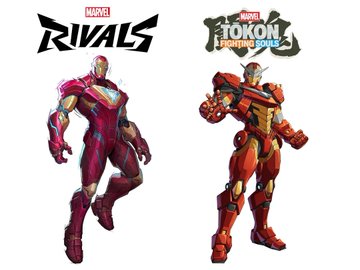 The image shows Iron Man character models from the games "Marvel Rivals" and "Marvel Tokon: Fighting Souls," with the post "Tokon mogs like crazy" implying the "Marvel Tokon: Fighting Souls" Iron Man design appears more impressive than the "Marvel Rivals" version.
