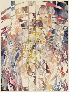 Abstract artwork depicting a face fragmented into geometric shapes with vibrant splashes of red, blue, yellow, and white.