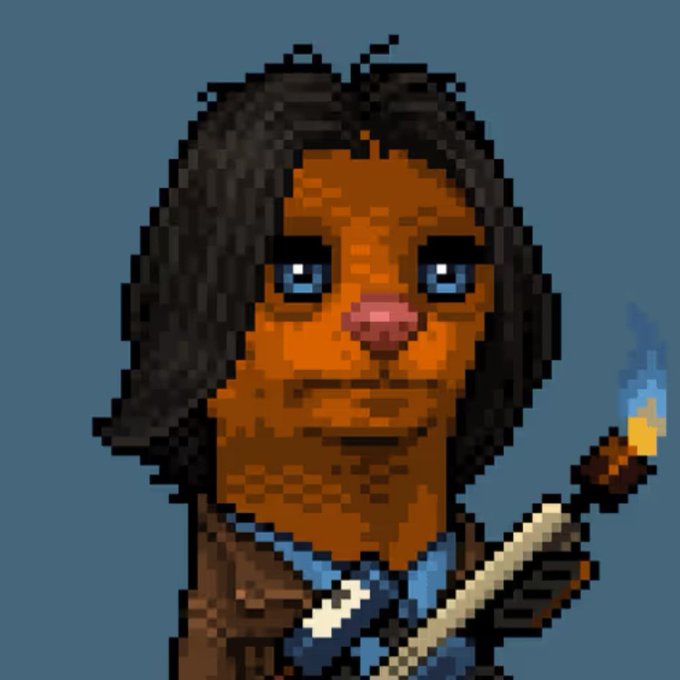 A pixel art illustration featuring an anthropomorphic lion-like character with dark hair and blue eyes, wearing a blue shirt and holding a staff with a glowing blue tip.