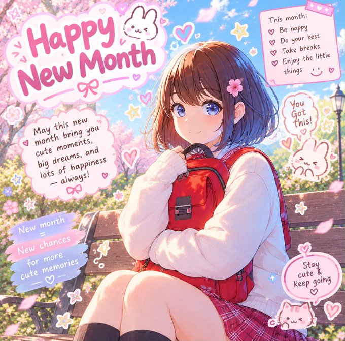 An anime-style illustration of a girl with a red backpack sitting on a bench under cherry blossoms, decorated with cute text bubbles reading 'Happy New Month' along with messages like 'May this new month bring you cute moments, big dreams and lots of happiness!'