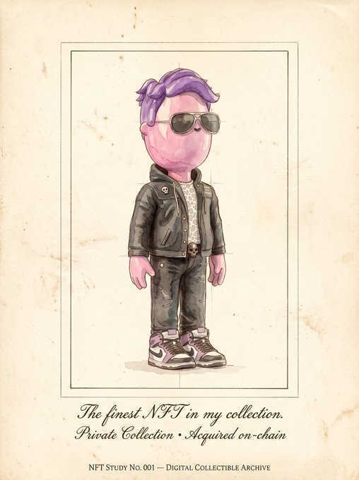 An illustrated NFT-style character with purple hair, sunglasses, and a black leather jacket is labeled 'The finest NFT in my collection. Private Collection • Acquired on-chain' and 'NFT STUDY No. 001 — DIGITAL COLLECTIBLE ARCHIVE'.