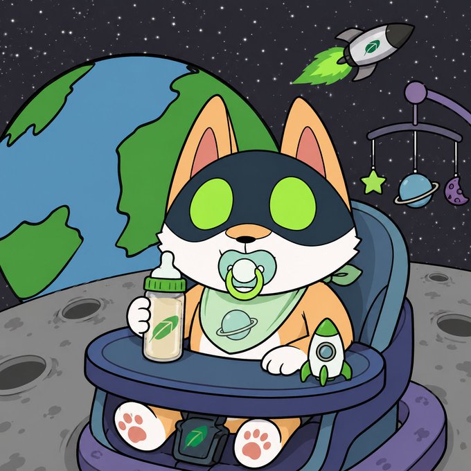 A colorful cartoon illustration of a baby fox wearing a pacifier and a bib, sitting in a high chair on the moon with Earth, a rocket ship, and a space mobile in the background.