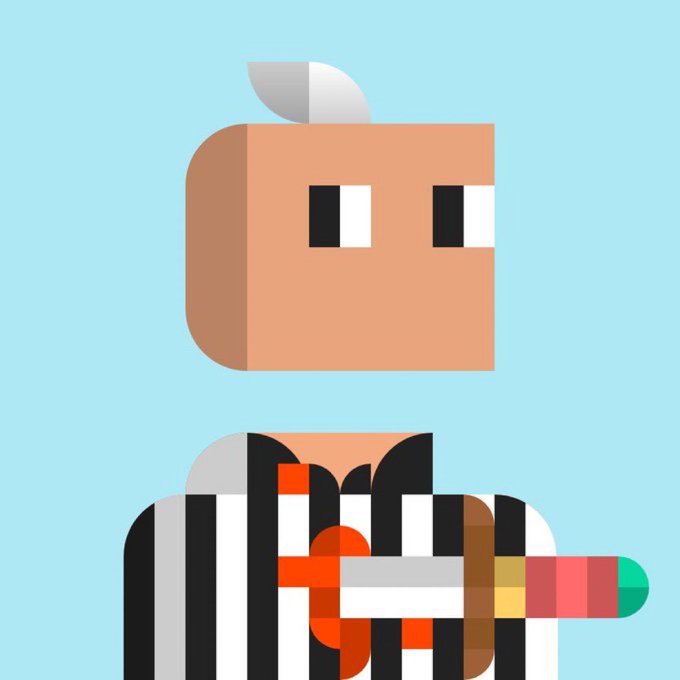 A minimalist digital illustration of a pixelated character with a cube-shaped head, wearing a striped shirt and holding a colorful lightsaber-like object against a light blue background.