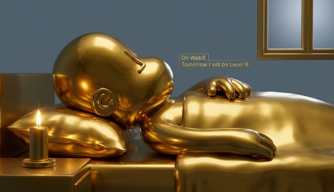 A golden humanoid figure sleeps peacefully on a golden bed with a pillow, with a lit candle on the nightstand. Text overlay reads: 'Gn Web3, Tomorrow I will be Level 9.'