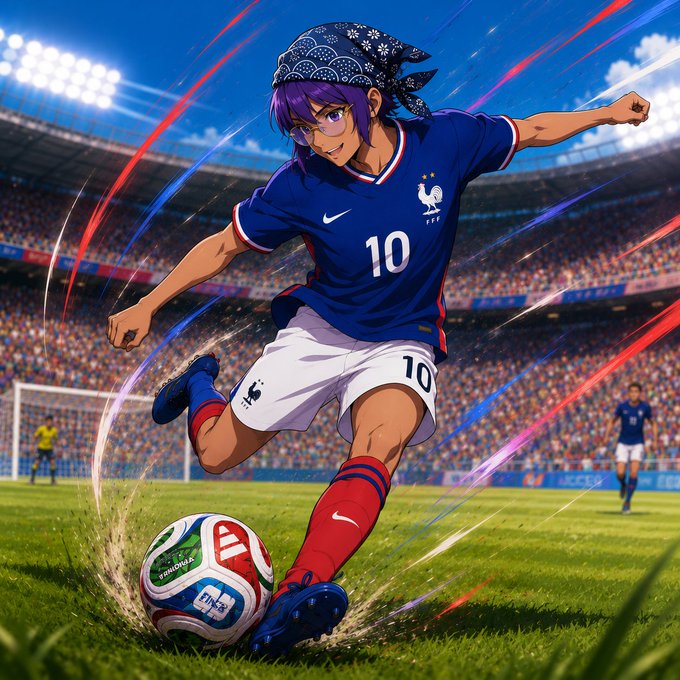 An anime-style illustration of a soccer player in a blue France jersey with the number 10, kicking a ball on a grass field inside a large stadium.