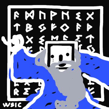 A crying gray teddy bear with blue tears is depicted in front of a chalkboard covered in runic symbols, with the signature "WSIC" in the corner, evoking a whimsical yet melancholic tone that contrasts with the grand, millenium-scale promotion of the Bitcoin Wizards ordinals inscription collection.