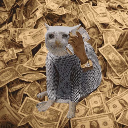 A white cat wearing a chainmail vest and gold watch holds a stack of cash while sitting on a pile of dollar bills.