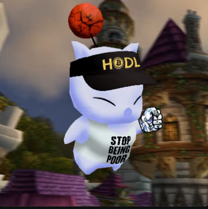 A cartoon white cat character wearing a black visor with 'HODL' written on it and a shirt that says 'STOP BEING POOR', holding a diamond, with a red ball marked '卐' floating above its head against a fantasy village backdrop.