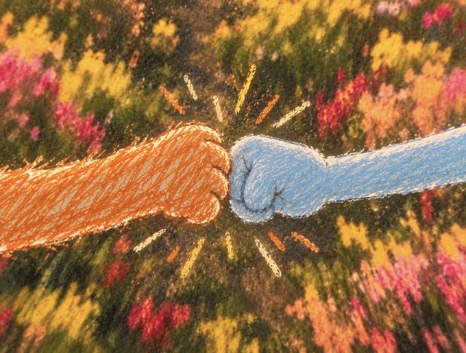A colorful chalk or pastel drawing showing an orange fist bumping a blue fist against a textured pink, yellow, and green background with sparkle effects.