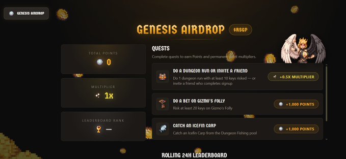 A "Genesis Airdrop" page for the $RSGP token showing 0 total points, a 1x multiplier, and unranked leaderboard status, with quests like "Do a Dungeon Run or Invite a Friend," "Do a Bet on Gizmo's Folly," and "Catch an Icefir Carp" each offering points or multiplier bonuses. The image illustrates the Cambria Foundation's airdrop campaign referenced in the post, highlighting the platform's quest-based rewards system for earning $RSGP tokens.