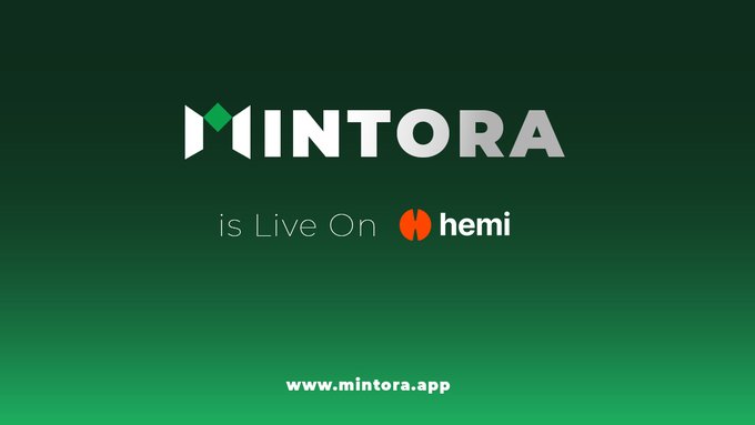 The image features a green background with white text that reads "Mintora is Live On Hemi". The text is centered, making it easy to read and understand. The overall design of the image suggests an advertisement or promotional material for Mintora's Hemi platform.