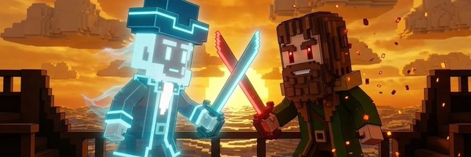A pixel art illustration of two Minecraft-style characters, one glowing blue and one brown, wielding swords against a sunset sky.
