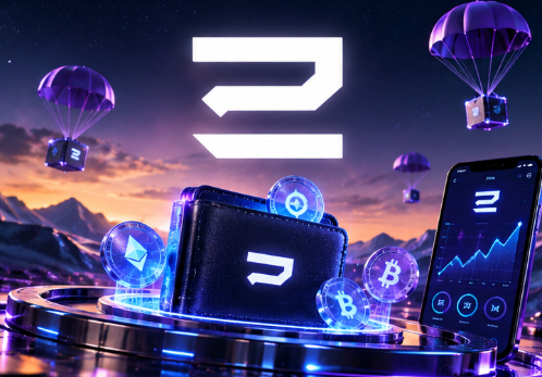 Futuristic crypto-themed illustration with a glowing wallet, smartphone, parachuting digital tokens, Bitcoin and Ethereum symbols, and a large stylized white logo.