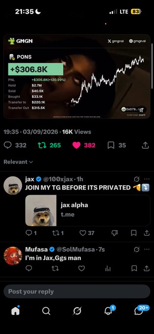 A mobile screenshot of X (formerly Twitter) showing a GMGN post for token "$PONS" up 120.99%, followed by a pinned tweet from @100xjax promoting a Telegram group, and a reply from @SolMufasa.