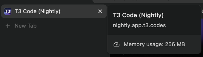A screenshot of a browser interface showing a tab titled 'T3 Code (Nightly)' with the URL 'nightly.app.t3.codes' and a memory usage indicator showing '256 MB'.